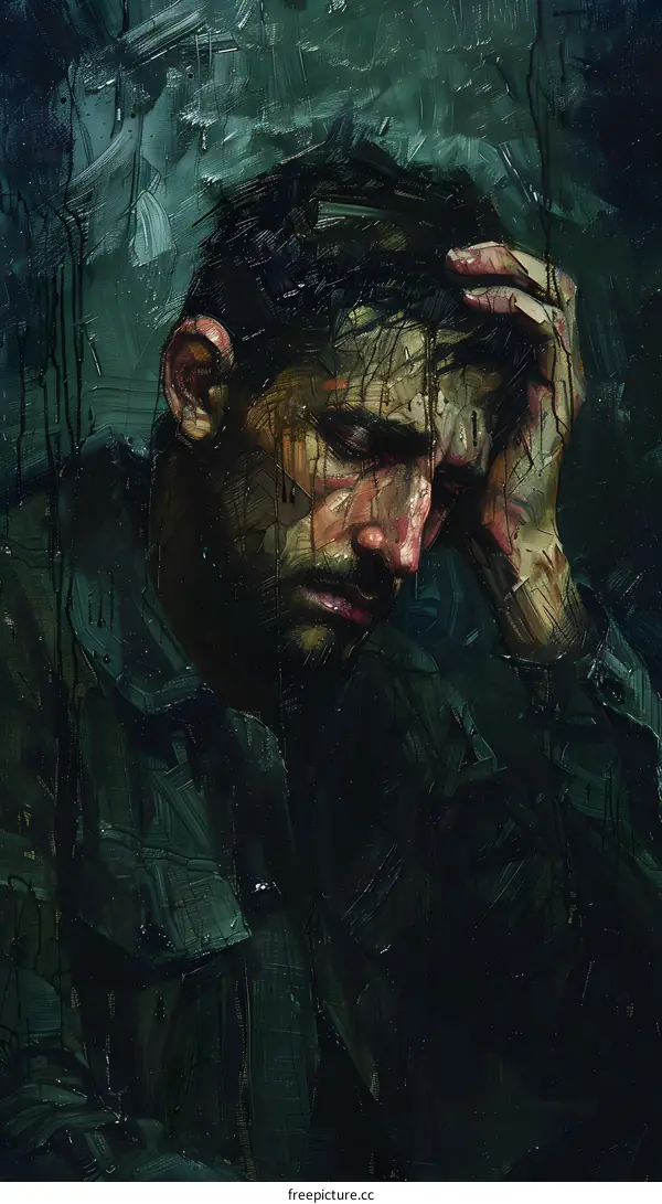 Portrait of a man with dark hair and beard wearing a black shirt with paint stains on his face and hands