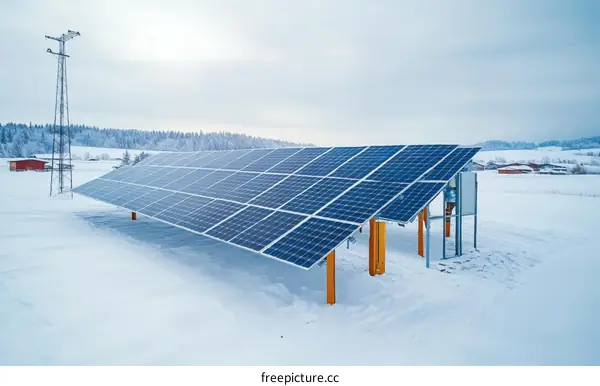 Winter Solar Panels in a Snowy Field