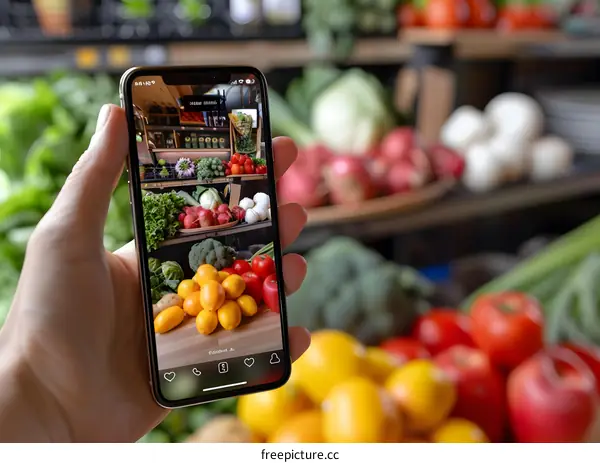 Hand Holding Phone Showing Photo of Fresh Produce in Grocery Store