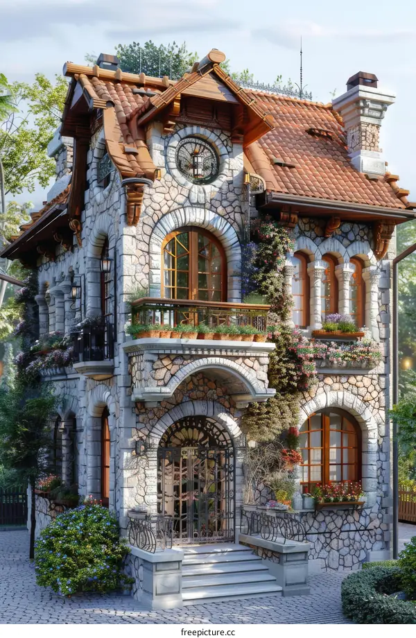 A Stunning Stone House Illustration with Detailed Architecture