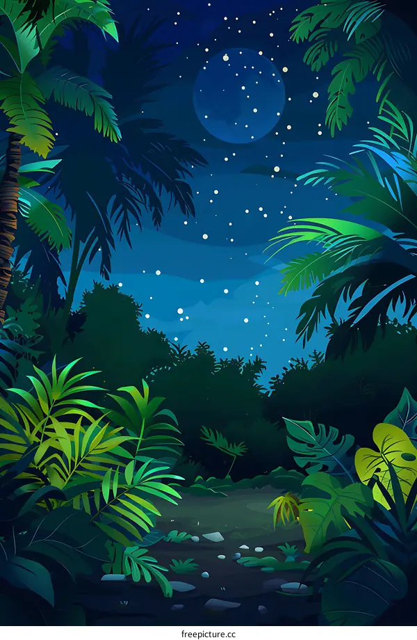 Nighttime Jungle Illustration with Full Moon and Stars