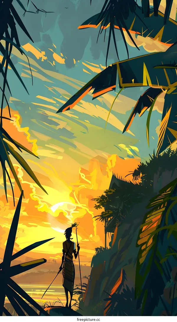 Silhouette of a Person Standing on a Cliff at Sunset with Palm Trees