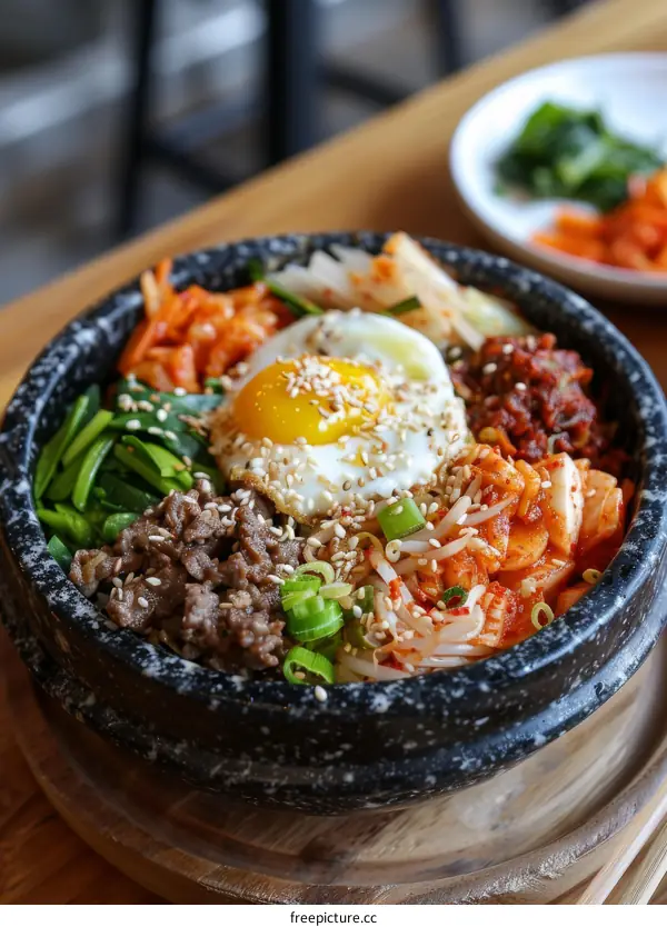 Korean food dolsot bibimbap with egg, kimchi and beef in a stone bowl
