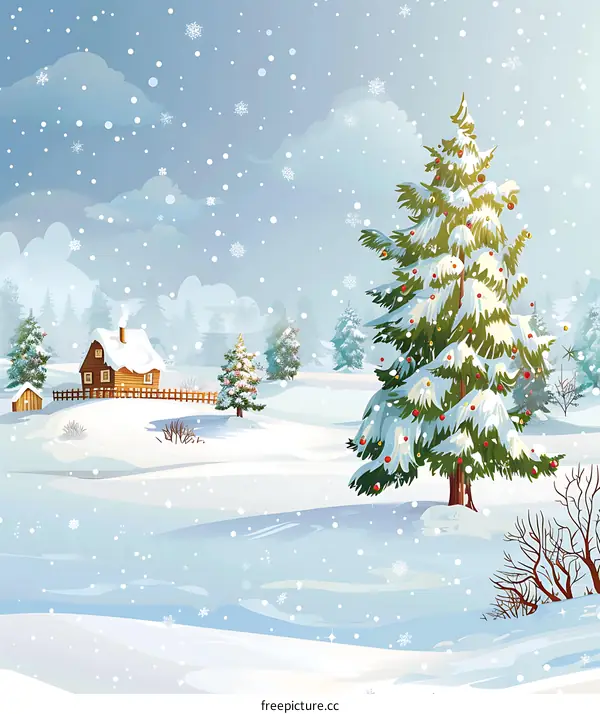 Winter Wonderland Landscape with Snow Covered Trees and a Cabin