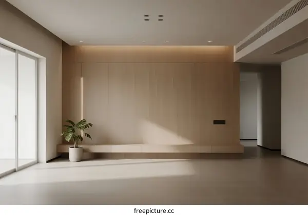 Modern minimalist interior space with wooden wall and plant decoration