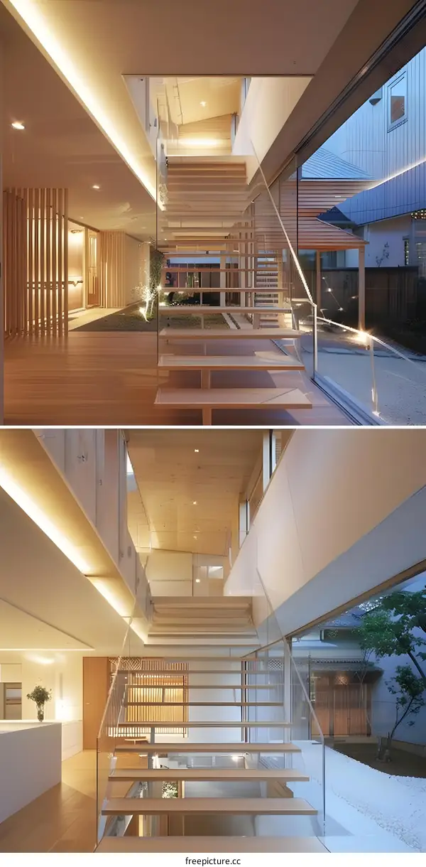 Modern Wooden Staircase with Glass Railing in a Japanese Home