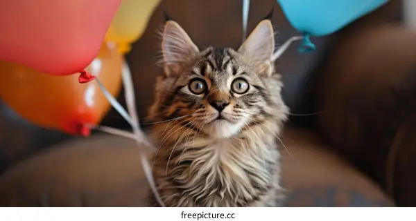 A Cute Kitty Surrounded by Colorful Balloons