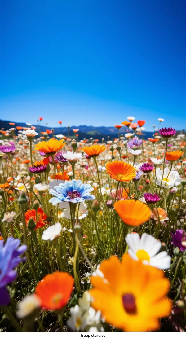 Field of flowers in bloom with mountains in the distance