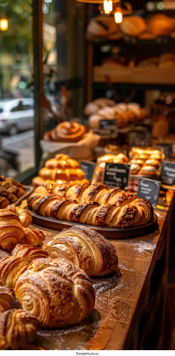 Freshly baked pastries on a wooden table in a bakery