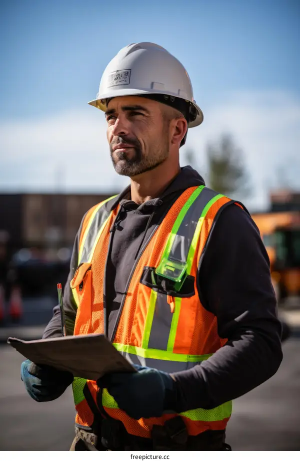 Construction worker in hard hat and safety vest holding clipboard