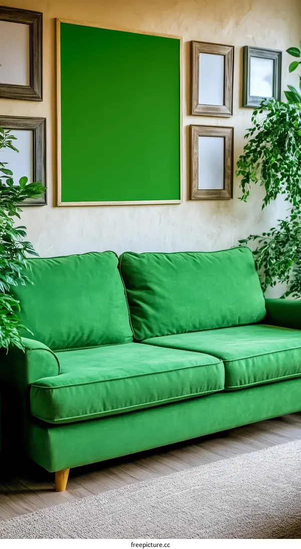 Green Sofa Living Room Decor with Blank Art