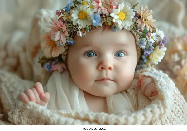 Portrait of a beautiful baby girl wearing a wreath of flowers