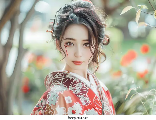 Portrait of a beautiful Asian woman in traditional Japanese kimono