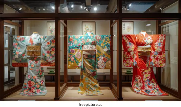 Three beautiful Japanese kimono displayed in glass cases in a museum.