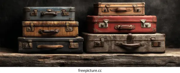 Vintage Travel Suitcases Stacked on Wooden Surface