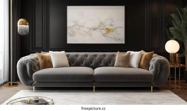 Modern Elegant Grey Velvet Sectional Sofa in a Luxurious Living Room