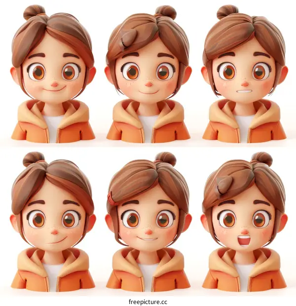 3D cartoon girl with different facial expressions