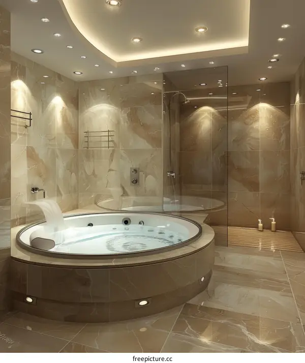 Modern Bathroom Design with a Round Bathtub and a Shower