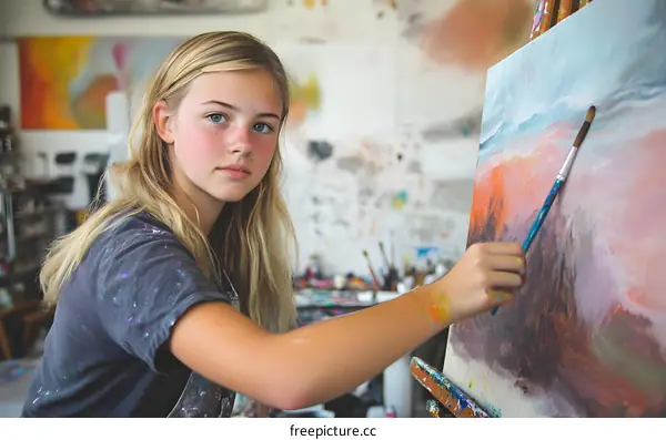 Young Artist Painting In Studio