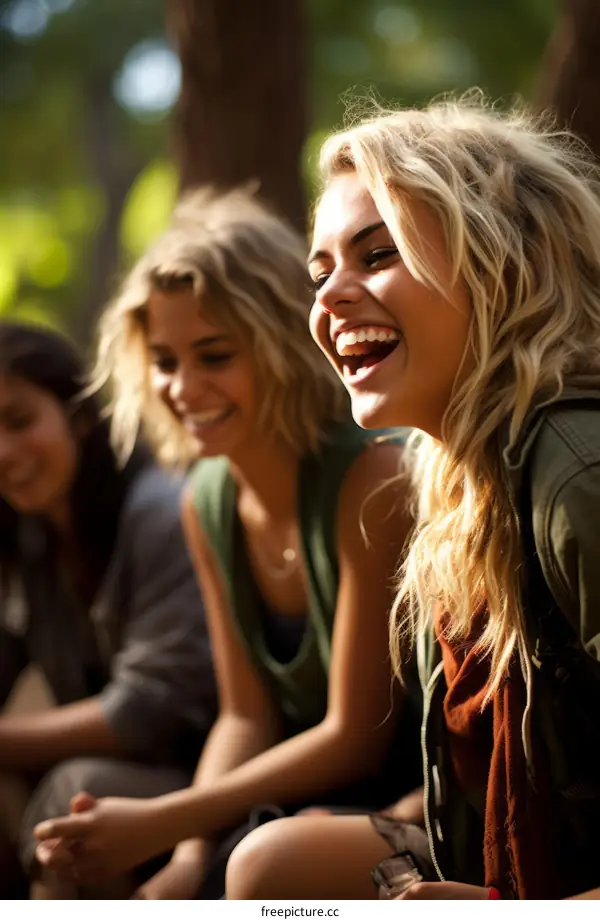 Three young women laughing together in the woods