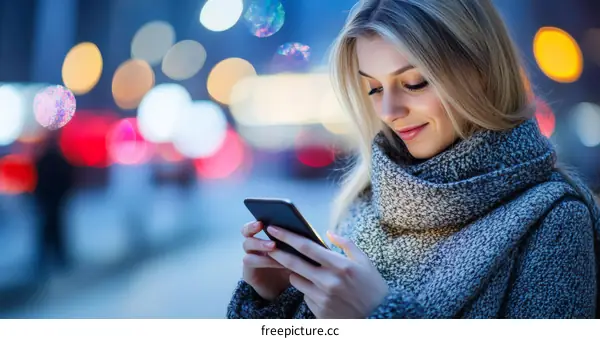 Woman using smartphone at night