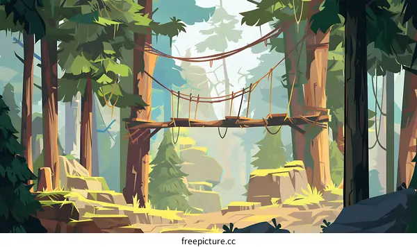 Rope Bridge In A Lush Forest