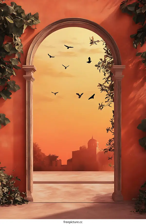 Archway to a Sunset City with Birds Flying in the Sky