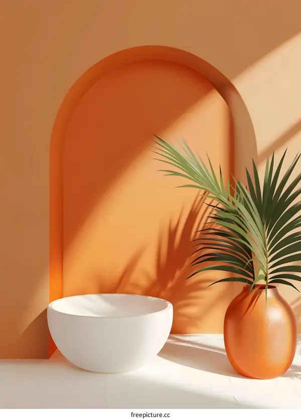 Minimalist 3D Render of White Bowl and Orange Vase with Palm Leaf