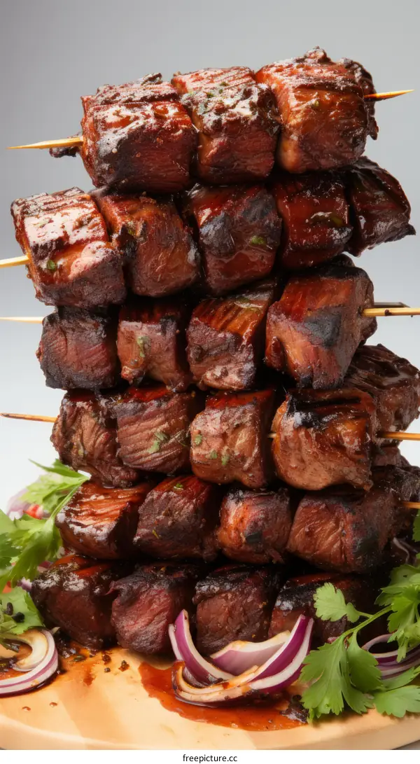 Beef tenderloin skewers with parsley and red onion