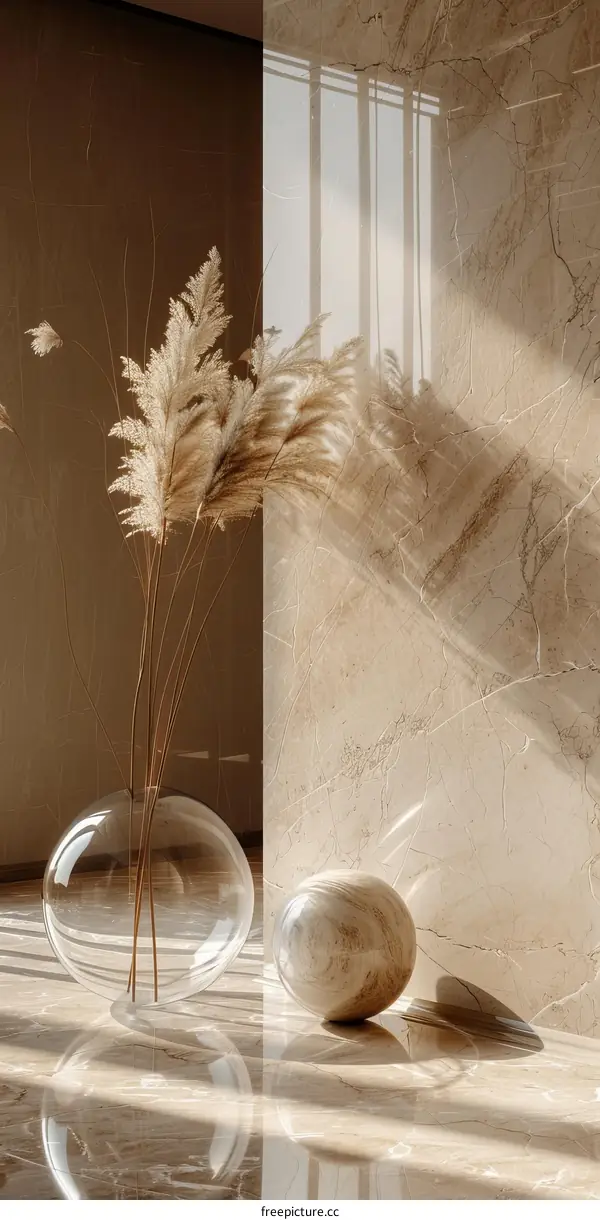 Elegant Interior Design with Decorative Plants and Glass Globes