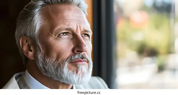 Portrait of a Thoughtful Senior Man Looking Through a Window