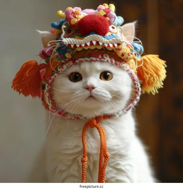 A white cat wearing a colorful lion hat looks at the camera