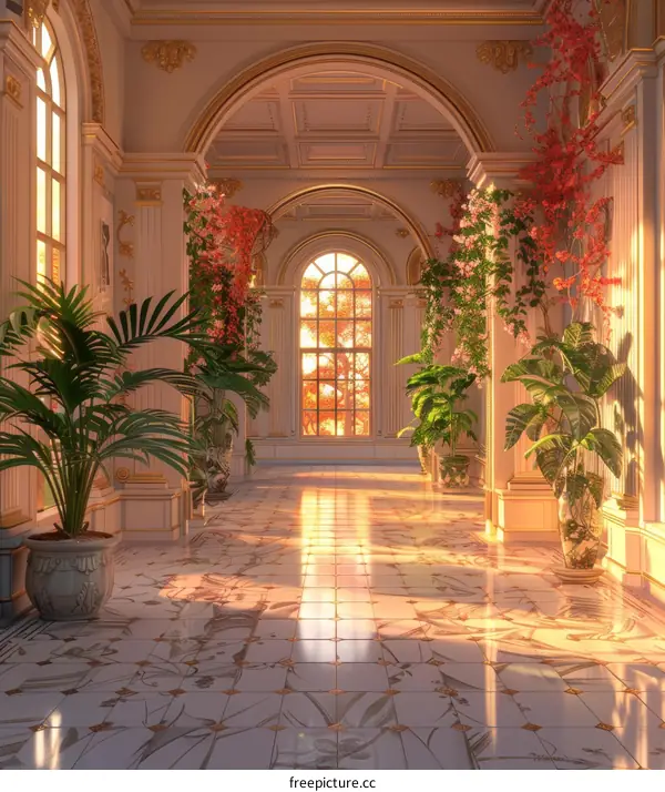 European Palace Interior with Marble Floor and Windows