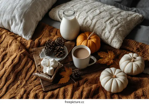 Autumnal Cozy Bedroom Decor with Pumpkins and Coffee