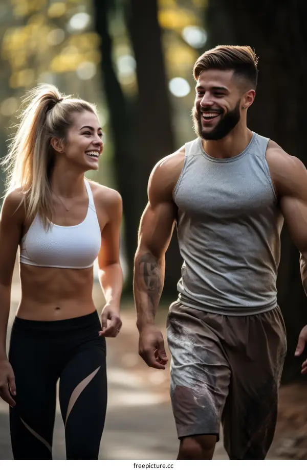 Happy couple jogging in the park