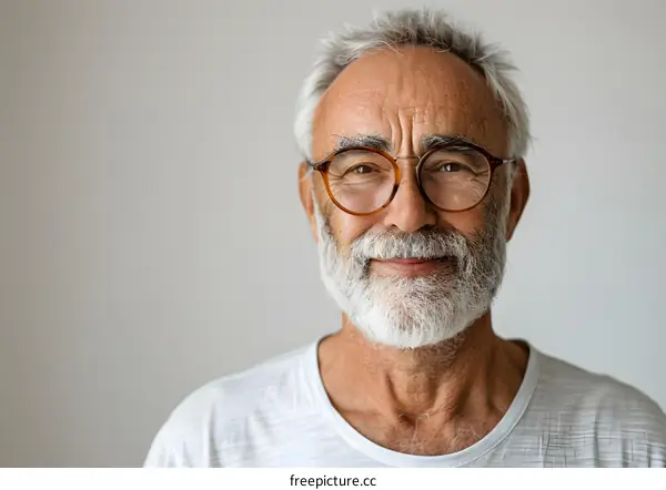 Portrait of a Senior Man with Glasses and a White Beard Smiling