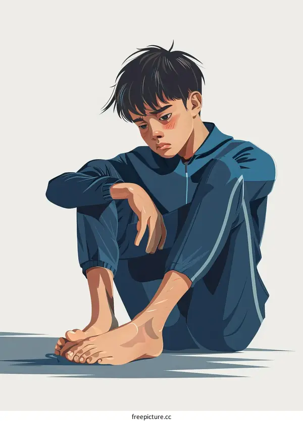 Depressed Asian teenage boy sitting with his knees drawn up to his chest and his head resting on his knees