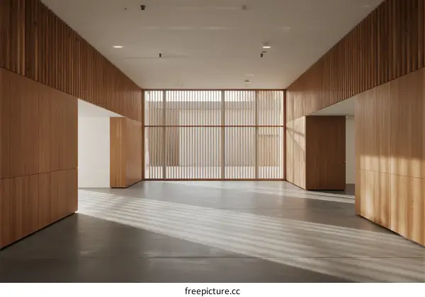 Modern Interior Space with Wooden Paneling and Large Windows