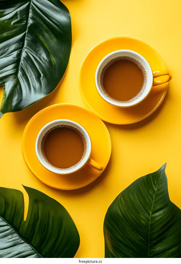 Two Cups of Coffee with Green Leaves on a Yellow Background