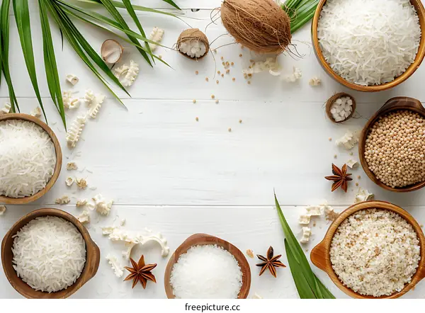 White Wood Background with Coconut, Rice, and Spices