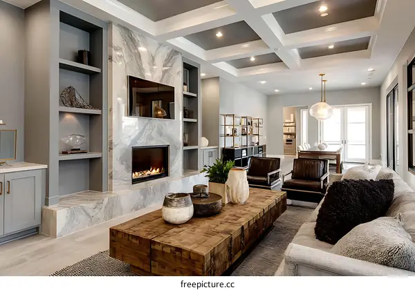 Modern Living Room Interior Design with Fireplace and Granite Wall