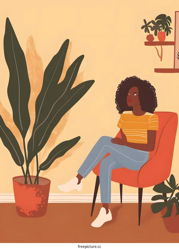 Woman Sitting in Chair in Living Room with Plants