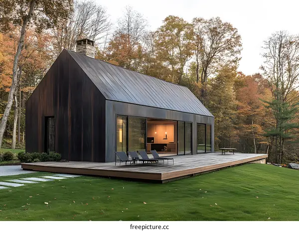 Modern House with Metal Siding in Autumn Forest