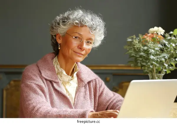 Senior Woman Using Laptop in Cozy Room