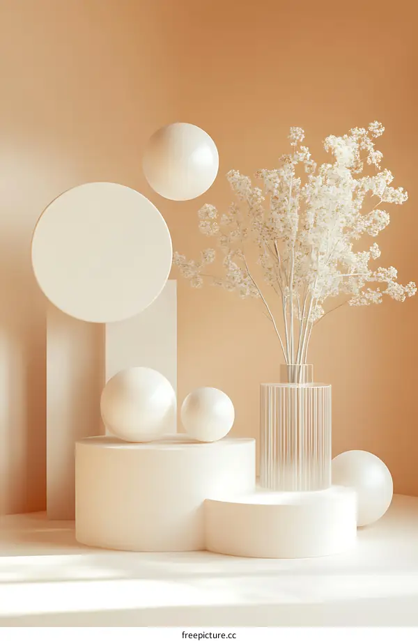 Abstract Minimalist Beige Background with White 3D Geometric Shapes and Dried Flower