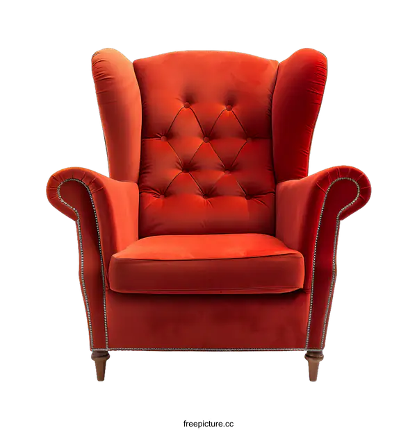 [Transparent Background PNG]Red Velvet Armchair with Tufted Upholstery