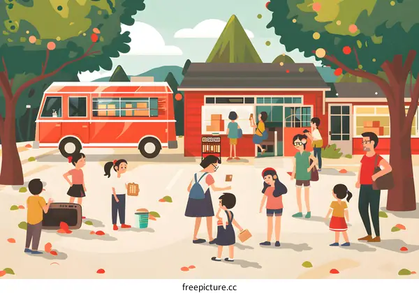 Bus Stop Scene Illustration With People Waiting At The Bus Stop