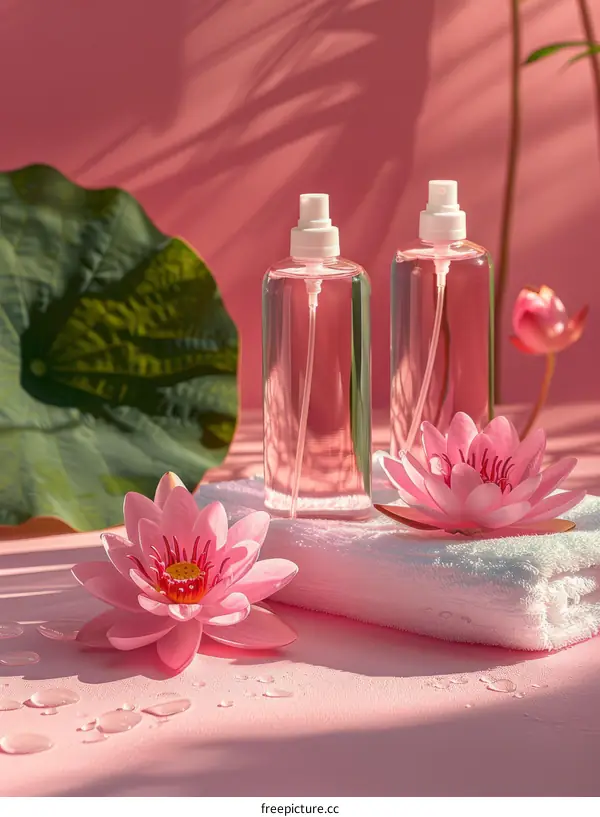Two clear bottles of water with a white towel and pink flowers
