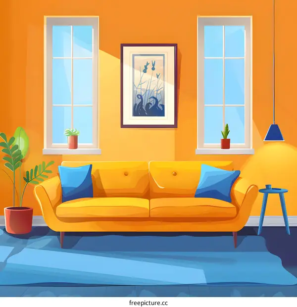 Living Room Interior Design with Yellow Sofa and Blue Pillows