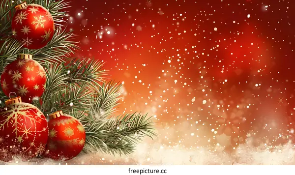 Christmas ornaments hanging on a Christmas tree branch with a red background